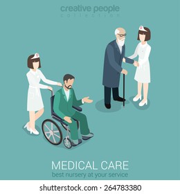 Medical care nurse doctor medicine hospital staff healthcare insurance flat 3d isometric web concept. Female in uniform with old man and patient on wheelchair. Creative people collection. 