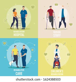 Medical Care, Nursing Service, Childrens Rehabilitation in Hospital Trendy Flat Vector Square Concepts Set. Female, Male Doctor, Nurse Assisting Injured Patient, Helping Disables Person Illustration