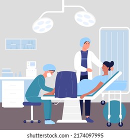 Medical care from obstetrician gynecologist to pregnant woman, childbirth in hospital vector illustration. Cartoon mom lying in hospital chair background. Medicine, obstetrics, maternity concept