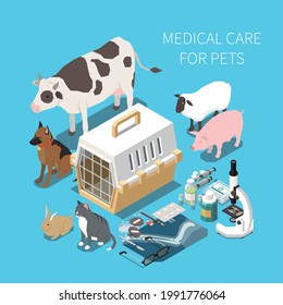 Medical care for pets farm animals isometric background composition with pills xray cow dog pig vector illustration