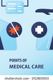 Medical care point brochure. Emergency service template. Flyer, magazine ,poster, book cover, banner. Airport new normal infographic concept. Layout illustration page with icons 