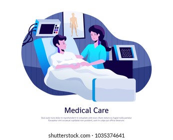 Medical care poster with doctor attending patient in intensive care unit with life support equipment vector illustration 