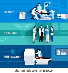 Medical care professional concilium 3 horizontal banners set with dentist and mri scan abstract isolated vector illustration