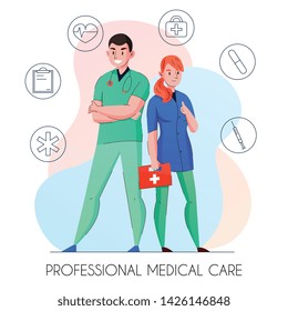 Medical care professionals flat composition with doctor and nurse surrounded by outlined first help symbols vector illustration 