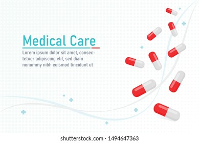 Medical care with red and white capsule pills vector background
