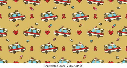 Medical care seamless pattern with ambulance car. Cartoon background with pills, heart and ribbon. Red,beige, pink blue and white colors. Print on fabric and paper. Vector design for textile,wallpaper