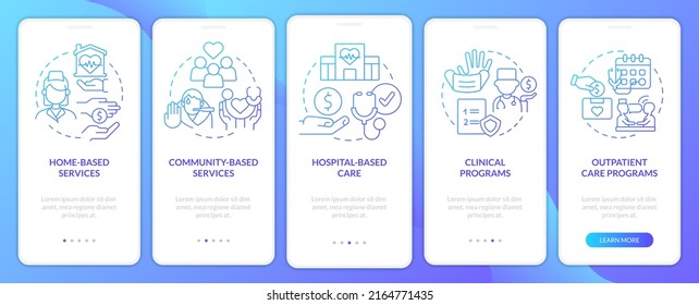 Medical care services blue gradient onboarding mobile app screen. Walkthrough 5 steps graphic instructions pages with linear concepts. UI, UX, GUI template. Myriad Pro-Bold, Regular fonts used