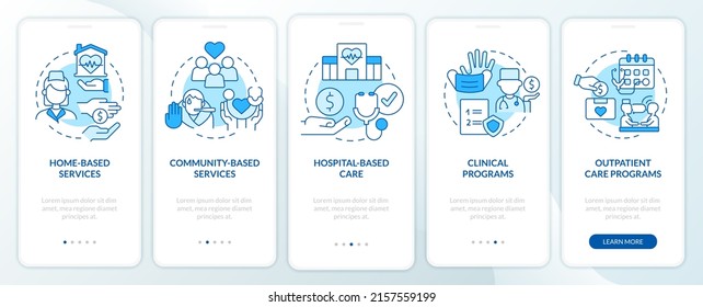 Medical care services blue onboarding mobile app screen. Social support walkthrough 5 steps graphic instructions pages with linear concepts. UI, UX, GUI template. Myriad Pro-Bold, Regular fonts used