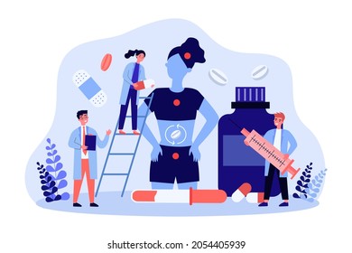 Medical care to sick woman from tiny doctors. People holding pills and syringe for treatment flat vector illustration. Medicine, healthcare concept for banner, website design or landing web page