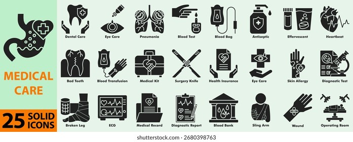 Medical care solid black icon set. Containing diagnostic test, dental care, medical record, blood bank, surgery kit, wound, heartbeat, eye care, health insurance, antiseptic, blood test, pneumonia.