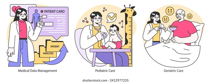 Equipo de espectro de atención médica. Simplificación de los datos de los pacientes, seguimiento de la salud pediátrica y apoyo a los ancianos. Servicios médicos integrales. Ilustración vectorial plana.