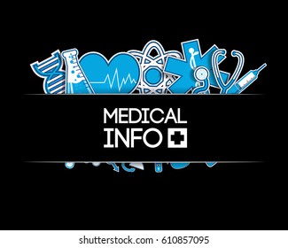 Medical care template with equipment and symbols blue paper stickers on black background vector illustration