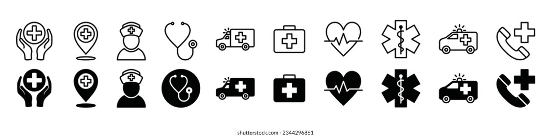 Iconos de atención médica de línea delgada y de estilo plano. Atención de salud, pin de mapas, enfermera, estetoscopio, ambulancia, bolso de medicina, latido del corazón, farmacia, símbolo del icono del teléfono del hospital para aplicación y sitio web. Ilustración del vector