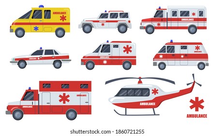 Medical care transport flat item set. Cartoon ambulance cars and vehicles design isolated vector illustration collection. Emergency, transportation, aid service and fast rescue concept