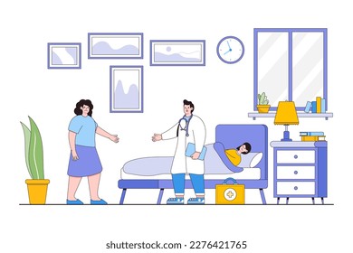 Medical care and treatment concept. Medical doctor talking with worried mother. Outline design style minimal vector illustration for landing page, web banner, infographics, hero images.