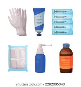 Medical Care and Treatment with Gloves, Salve Tube, Spray Bottle, Vial, Bandage and Syringe Vector Set