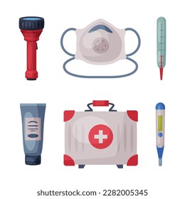 Medical Care and Treatment with Mask, Thermometer, First Aid Kit Box, Salve Tube and Flashlight Vector Set