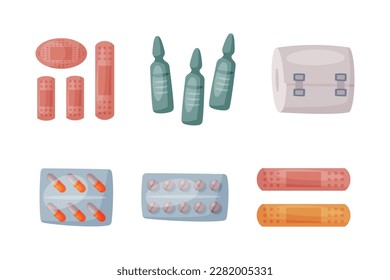 Medical Care and Treatment with Plaster, Pills in Blister Pack and Ampoule Vector Set