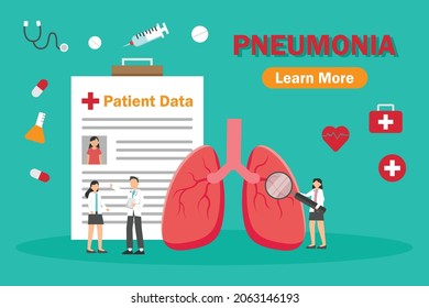 Medical care vector concept. Group of doctors checking lungs with magnifying glass while working together in the hospital