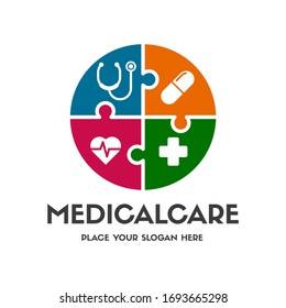 Medical care vector logo template. This design use puzzle symbol. Suitable for health business.