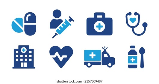 Medical care vector set. Containing medicine, patients, first aid kit, health checkup, hospital, ambulance and liquid drug icon isolated on white background.