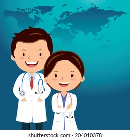 Medical career. Medical services. Medical staff with world map background.