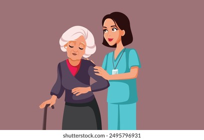 
Medical Caregiver Together with an Elderly Woman Vector Illustration. Caretaker smiling helping a senior female patient 
