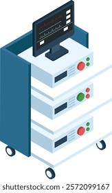 Medical cart with electronic devices and monitor displaying vital signs, representing healthcare technology and patient monitoring in a hospital setting