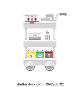 Medical Cart. Illustration Vector Flat Clipart Isolated On White Background For Dortor Or Nursing Furnitur In Consulting Room, Clinic Or Hospital Content. Time To  Vaccine Concept