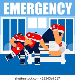 Medical cartoon character of resuscitation at emergency room by emergency team.