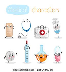 Medical cartoon characters set. Isolated cute stethoscope, syringe, first aid kit, pill, plaster, thermometer icons. Health care and medicine mascots vector illustration