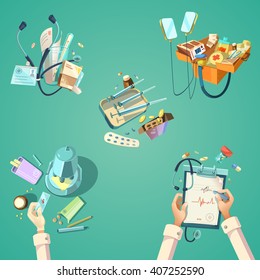 Medical Cartoon Retro Set With Different First Aid Hospital Tools Isolated Vector Illustration
