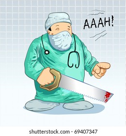 Medical cartoons - Surgeon Parody. Cartoon Surgeon in Uniform holding a Saw! Detailed vector illustration