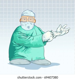 Medical cartoons - Surgeon putting on his gloves Detailed Vector Illustration