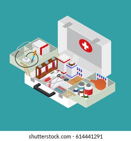 Medical Case with Equipment Isometric View Style Design Emergency Help Healthcare Concept. Vector illustration