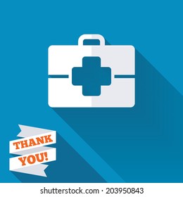 Medical case sign icon. Doctor symbol. White flat icon with long shadow. Paper ribbon label with Thank you text. Vector