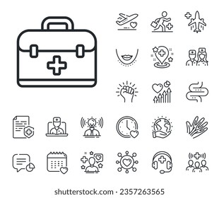 Medical case sign. Online doctor, patient and medicine outline icons. First aid kit line icon. First aid line sign. Veins, nerves and cosmetic procedure icon. Intestine. Guts, colon health. Vector