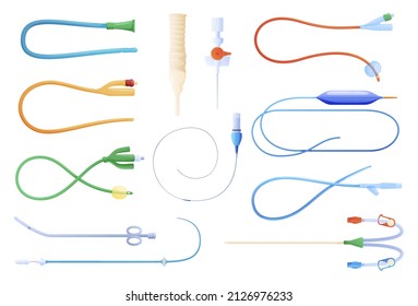 Medical Catheter Set Vector Flat Illustration. Collection Healthcare Equipment With Needle For Patient Intravenous Treatment Isolated. Medicine Tools For Vein Access Cure Therapy At Hospital