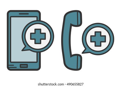 Medical Cell Phone Icons. Call Button For Emergency Site.