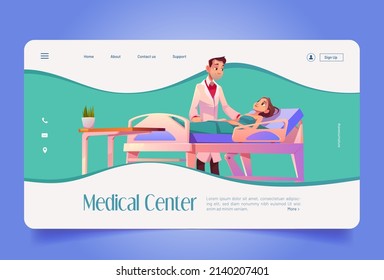 Medical center banner with doctor and patient in hospital ward. Vector landing page of health clinic with cartoon illustration of sick woman on adjustable bed and man physician