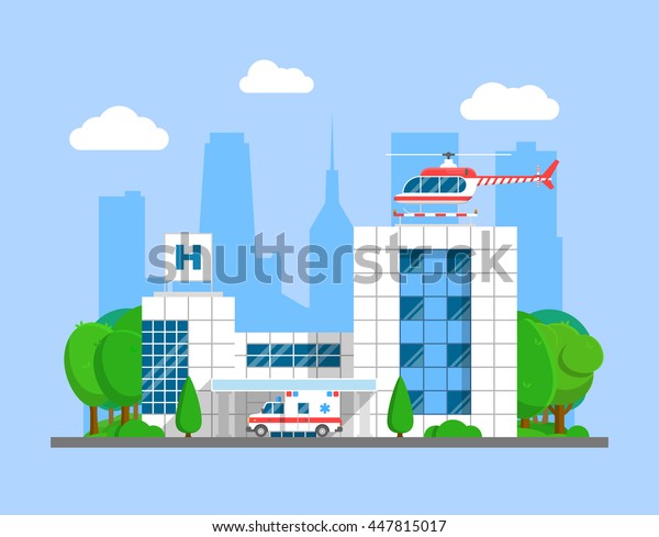Medical\
center building with ambulance and helicopter. Flat city hospital\
and emergency transport vector\
illustration