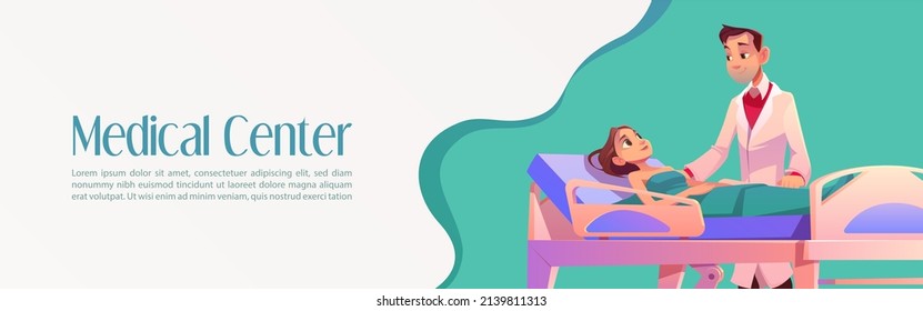 Medical center cartoon banner, doctor stand at patient bed at hospital chamber. Woman applying treatment in modern clinic with professional personnel and equipment, health care service Vector concept svg