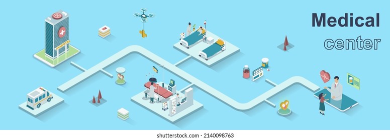 Medical center concept 3d isometric web banner. People receive online consultation, patients lying in ward, surgery, ambulance at hospital. Vector illustration for landing page and web template design