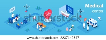 Medical center concept 3d isometric infographics web banner. People visit hospital, receive consultations from therapist, do tests in laboratory. Vector illustration in isometry graphic design