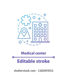 Medical Center Concept Icon. Clinic, Hospital. Medicine And Healthcare Idea Thin Line Illustration. Vector Isolated Outline Drawing. Editable Stroke