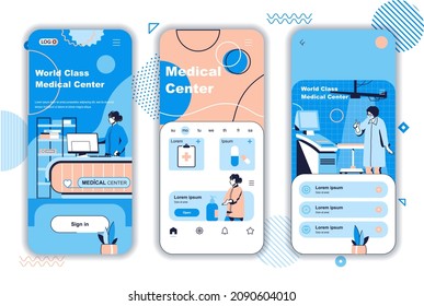 Medical center concept onboarding screens for mobile app templates. Diagnostics, treatment, doctor consultation. UI, UX, GUI user interface kit with people scenes for web design. Vector illustration