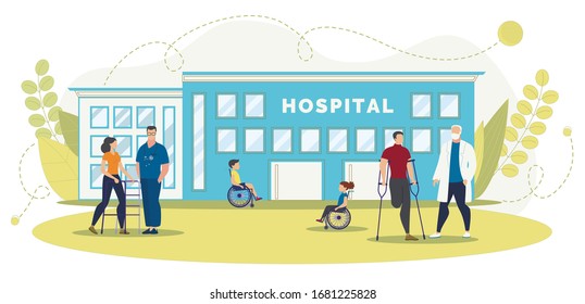 Medical Center for Disabled People Trendy Flat Vector Concept. Man and Woman with Disabilities, Children in Wheelchairs, Doctors or Male Nurse Standing Together near Hospital Building Illustration