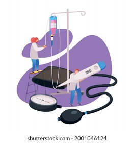 Medical center flat composition with characters of doctors and medical supplies vector illustration