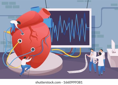Medical center flat composition with human heart connected to cardiograph screen with wires and doctor characters vector illustration