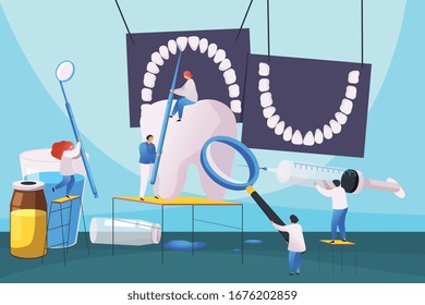 Medical center flat composition with small human characters moving dentists tools and placards with teeth schemes vector illustration